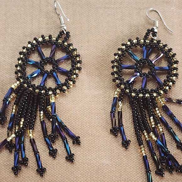 Handmade Beaded Chandelier Shepard's Hook Earrings Black Iridescent and Gold 4" - Picture 6 of 16